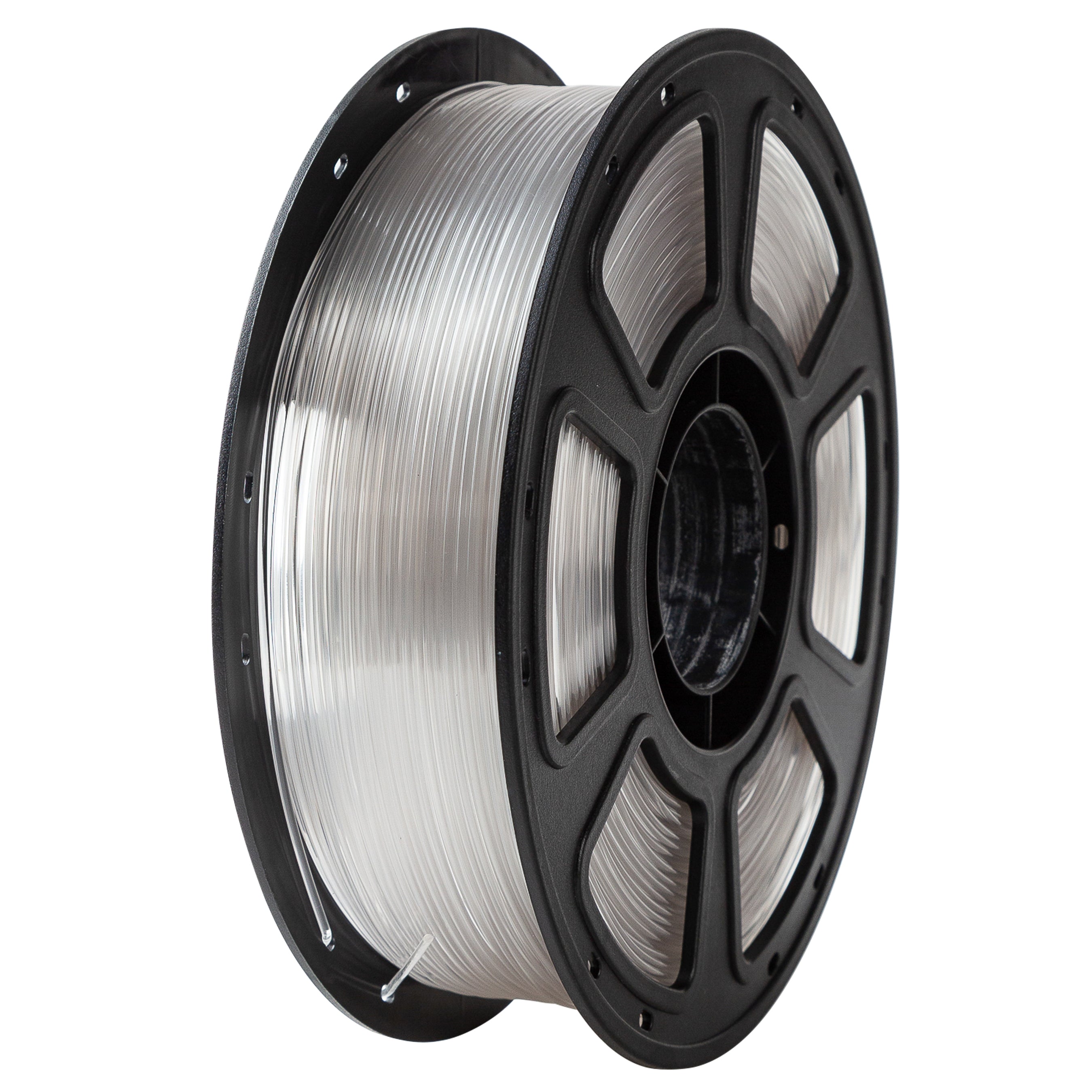 Spool of clear filament on a black plastic reel against a white background