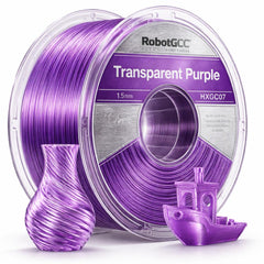 Spool of transparent purple 3D printing filament with a small purple object and a boat model on a white background.