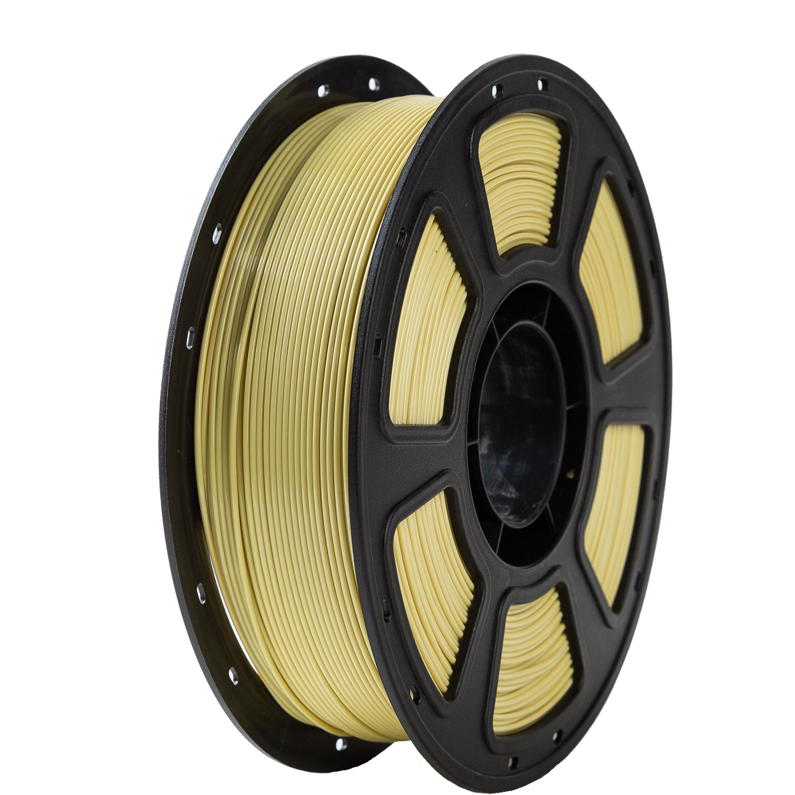 Spool of yellow filament on a black spool against a white background