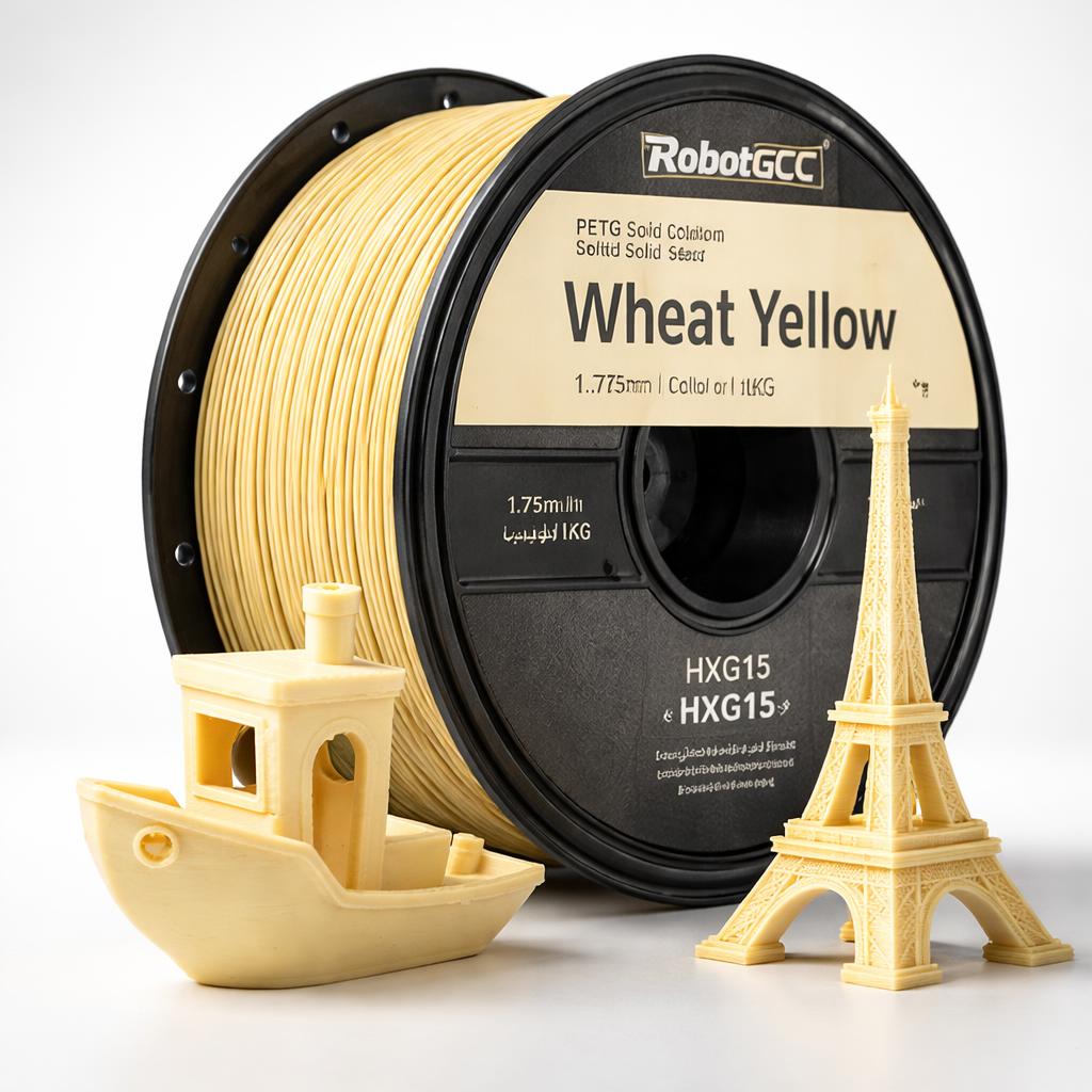 Spool of RobotGCC wheat yellow 3D printing filament with small models on a white background
