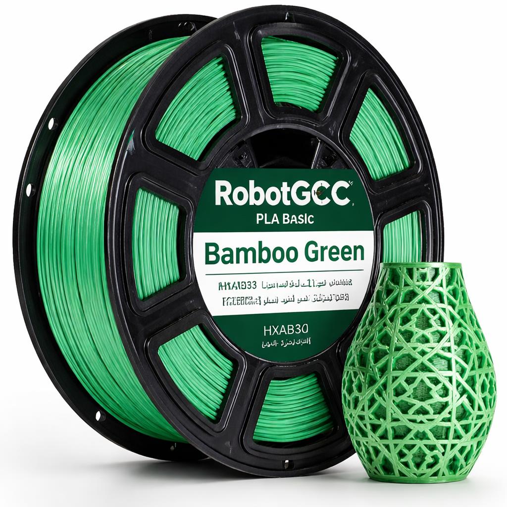 Spool of RobotGCC Bamboo Green 3D printing filament with a printed green vase.
