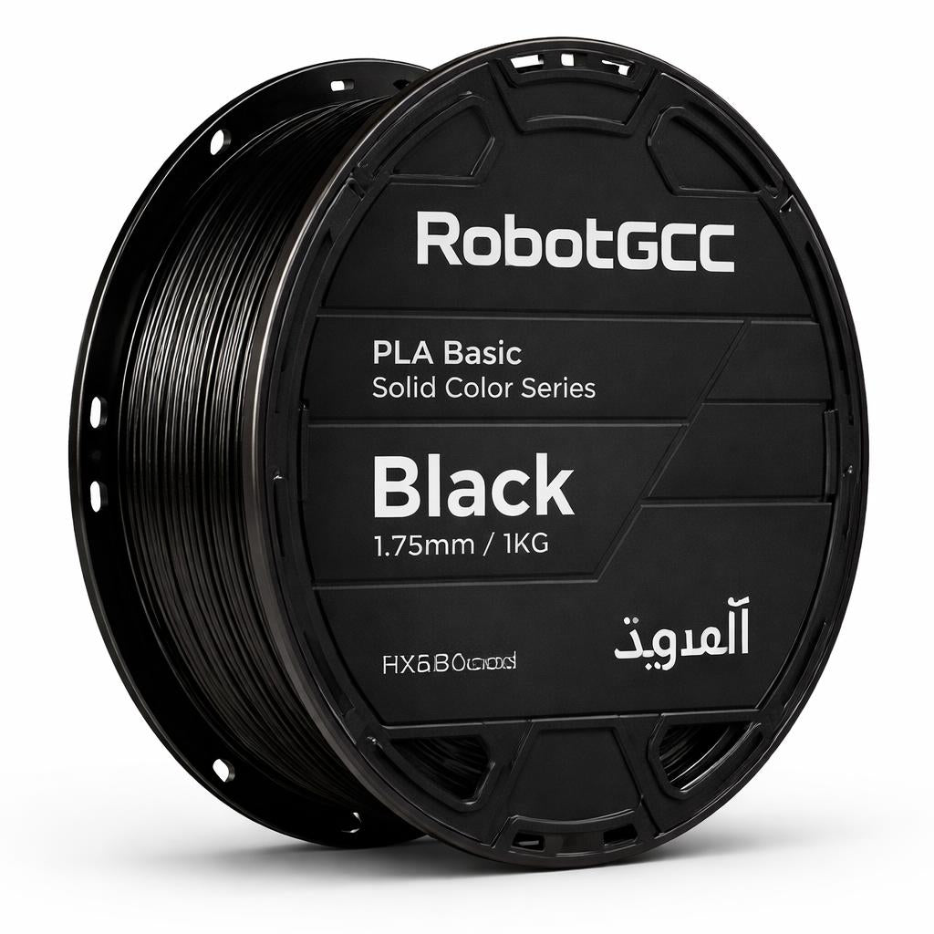 Black 3D printing filament spool with RobotGCC branding on a white background