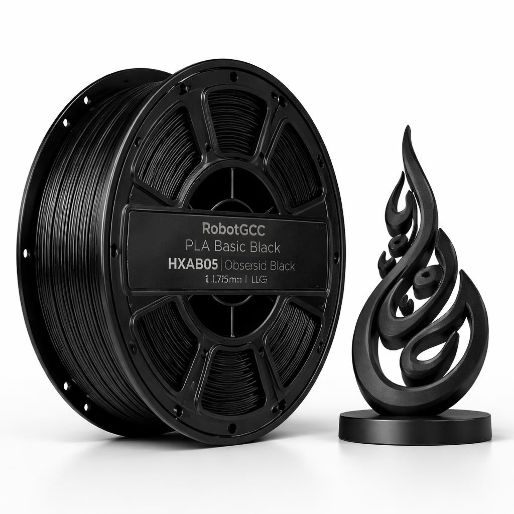 Spool of black 3D printing filament and a black 3D printed object on a white background