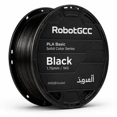 Black 3D printing filament spool with RobotGCC branding on a white background