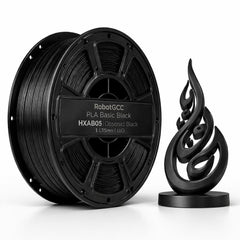 Spool of black 3D printing filament and a black 3D printed object on a white background