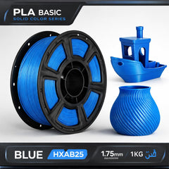 Blue 3D printing filament spool with printed objects on a white background