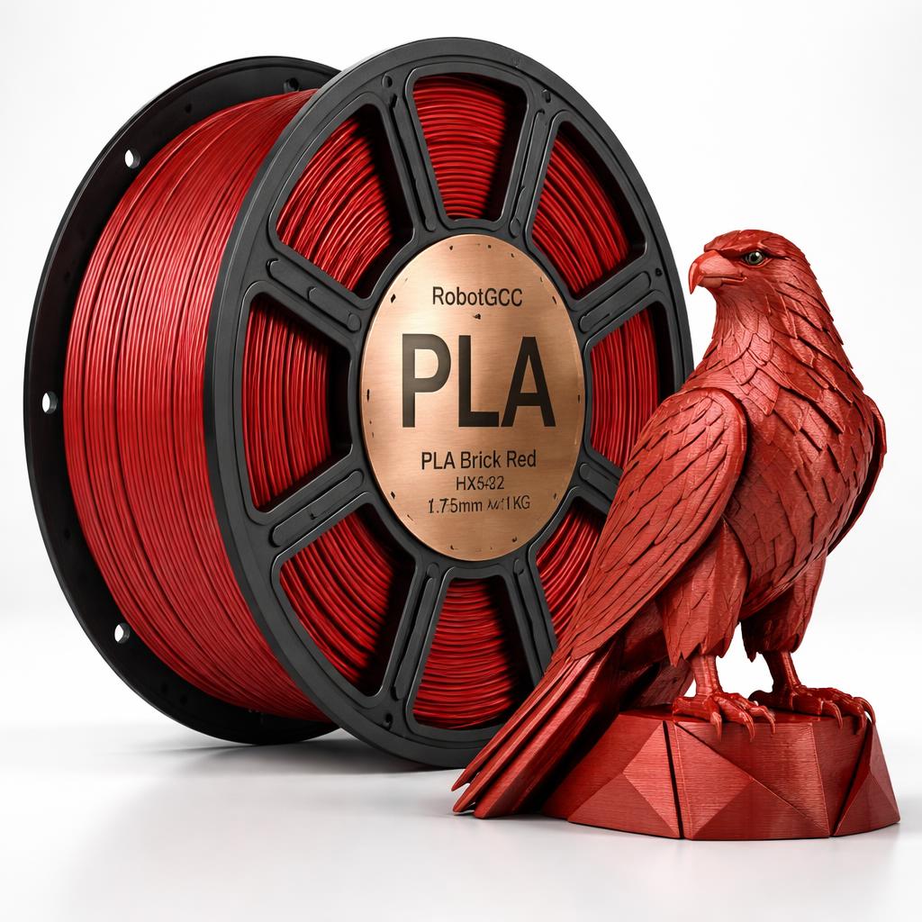 Red PLA filament spool with a 3D printed red eagle sculpture on a white background