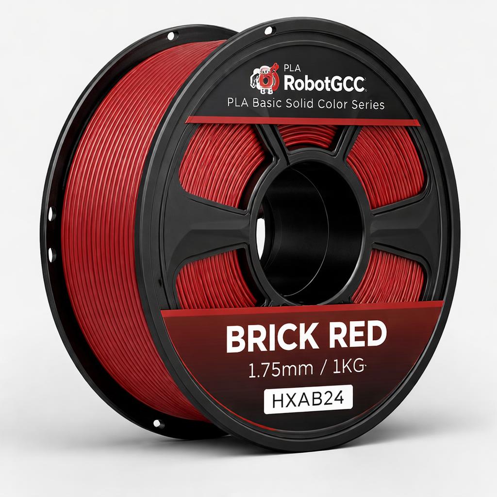 Spool of red 3D printing filament with RobotGCC branding on a white background