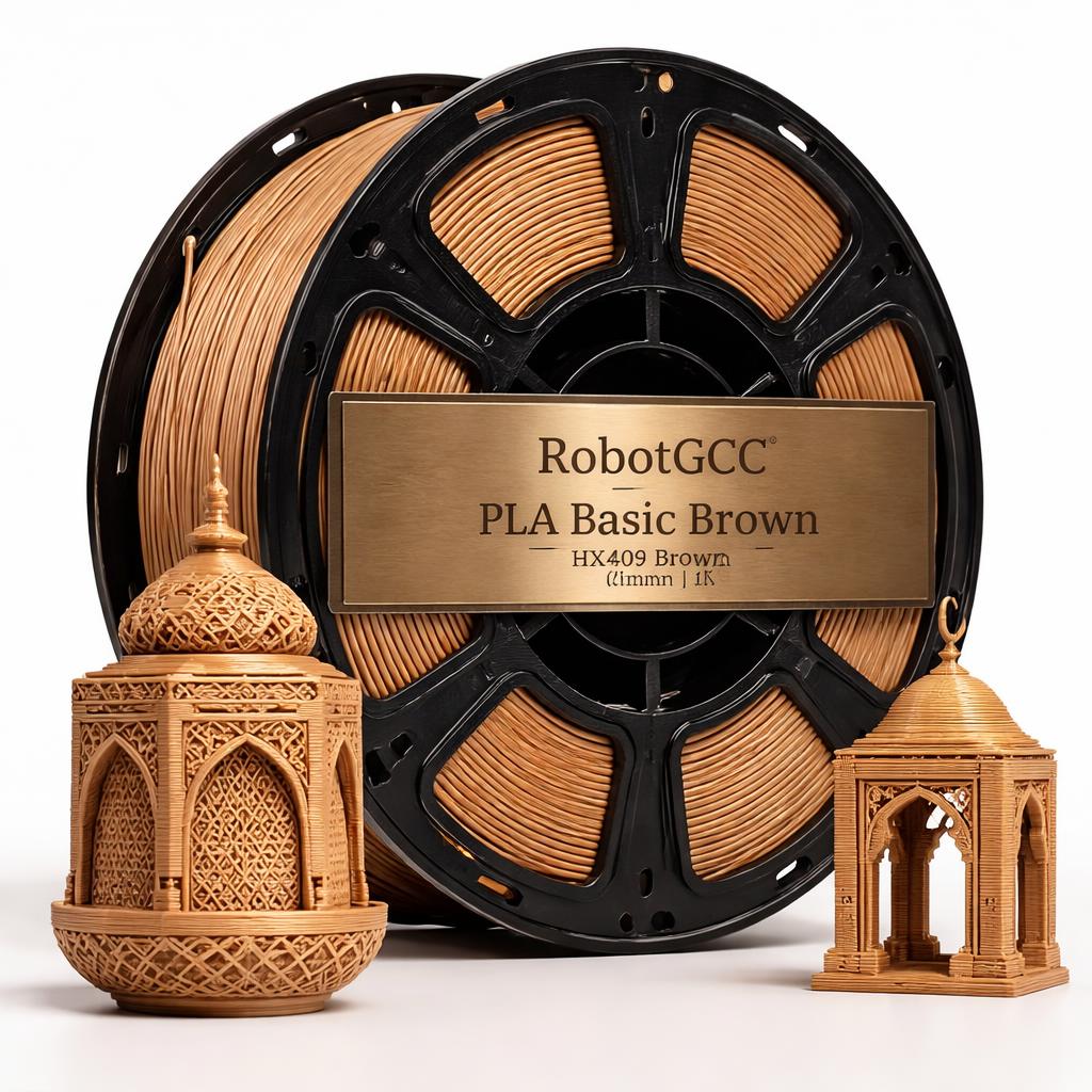 Spool of RobotGCC PLA Basic Brown filament with 3D prints on a white background