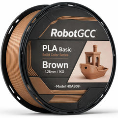 Spool of brown 3D printing filament with RobotGCC branding and product details.