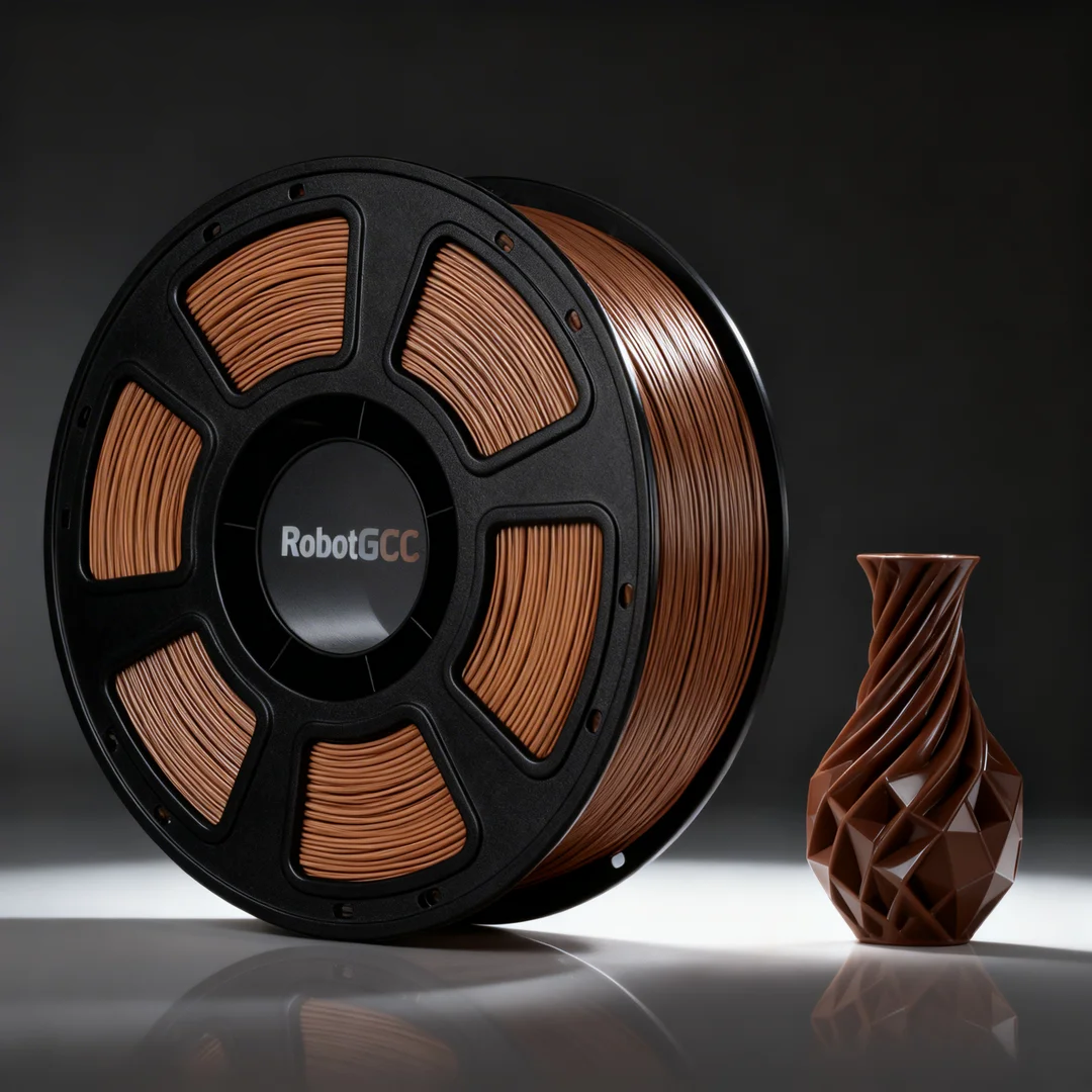 Spool of brown 3D printing filament with a 3D printed vase on a reflective surface