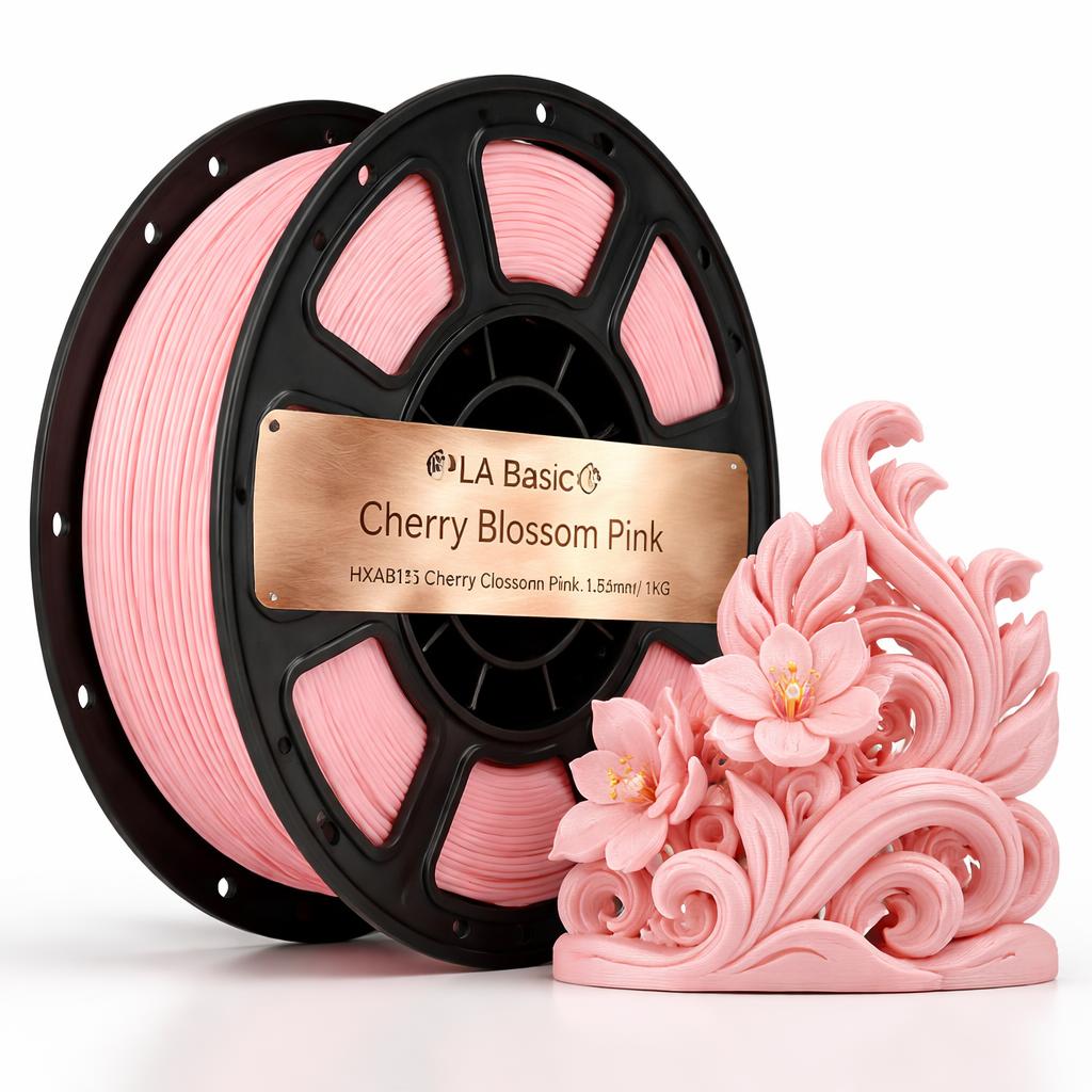 Spool of pink 3D printing filament with a decorative pink flower sculpture on a white background
