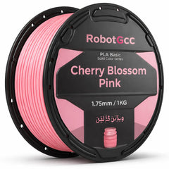 Spool of pink 3D printing filament with 'RobotGcc' branding on a white background