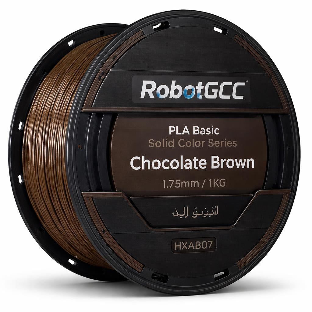 Spool of chocolate brown 3D printing filament with RobotGCC branding on a white background