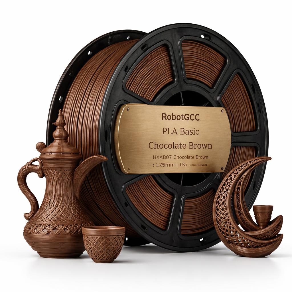 Spool of chocolate brown 3D printing filament with decorative items on a white background