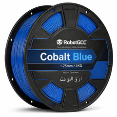 Spool of cobalt blue filament with RobotGCC branding on a white background