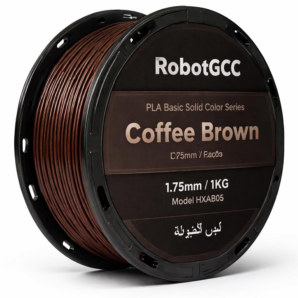 Spool of coffee brown 3D printing filament with RobotGCC branding on a white background