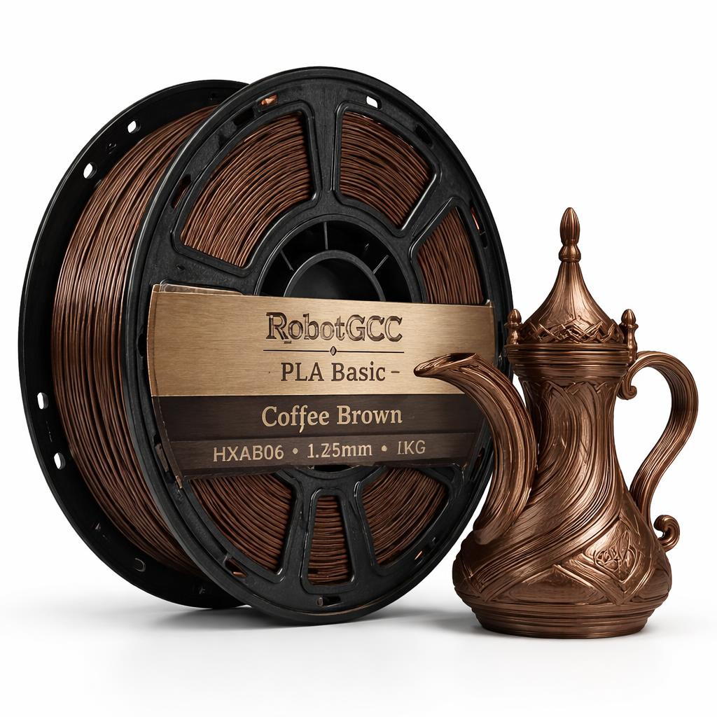 Spool of brown 3D printing filament with a decorative bronze object on a white background