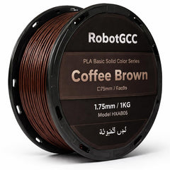 Spool of coffee brown 3D printing filament with RobotGCC branding on a white background