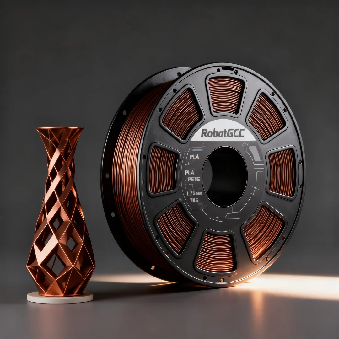 Spool of 3D printing filament with a metallic vase on a dark background