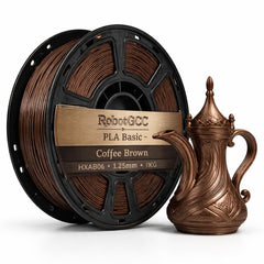 Spool of brown 3D printing filament with a decorative bronze object on a white background