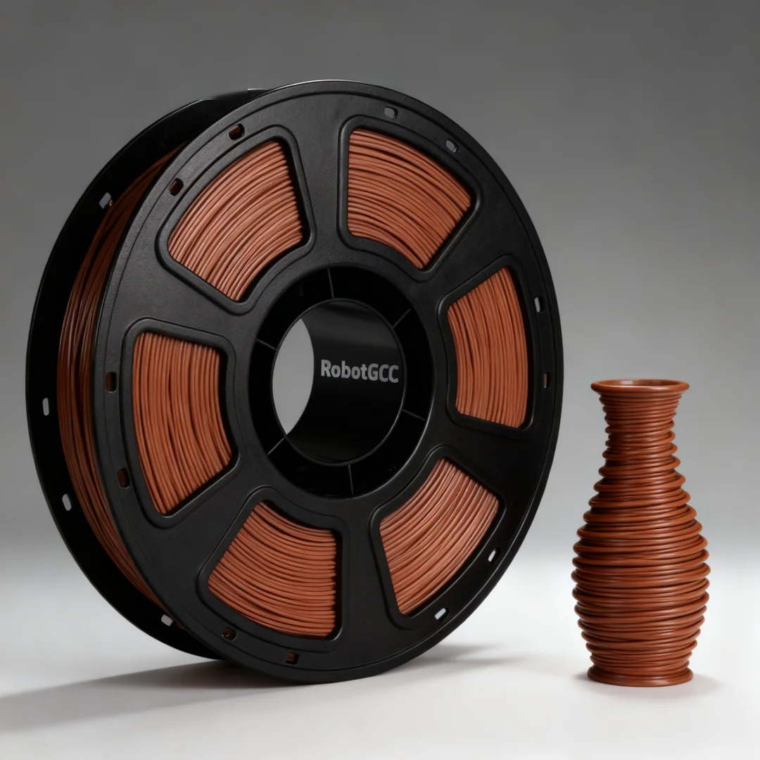 Spool of brown 3D printing filament with a completed vase on a gray background
