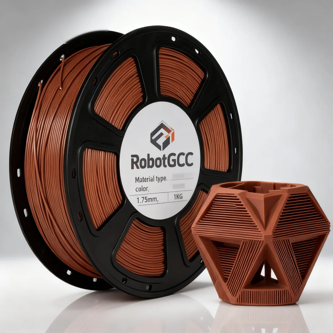 Spool of brown 3D printing filament with a printed object on a white background, featuring RobotGCC branding.