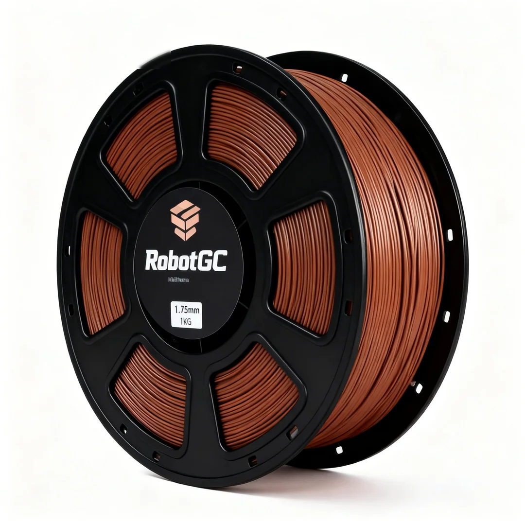 Spool of brown 3D printing filament with RobotGC logo on a white background