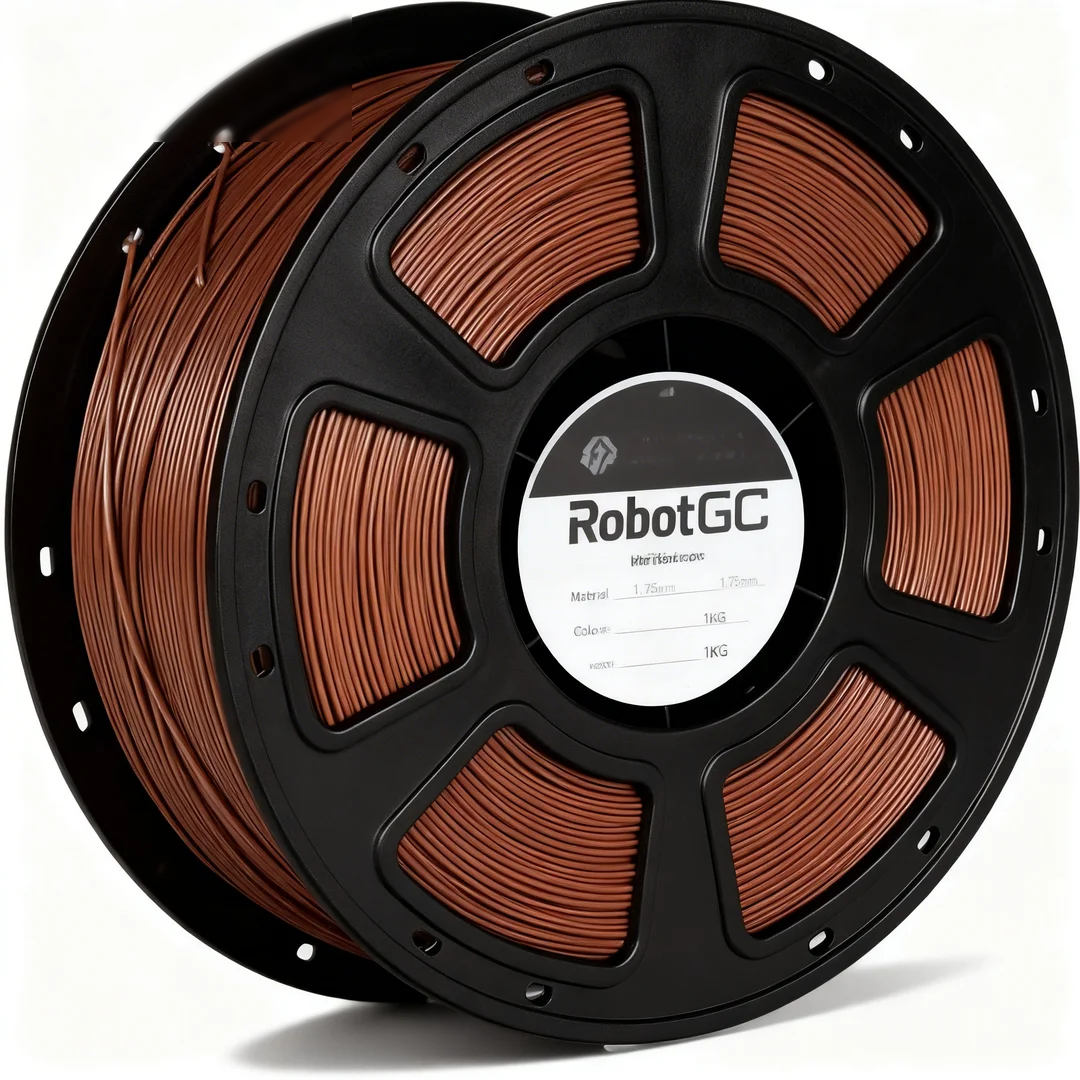 Spool of brown 3D printing filament with RobotGC label on a white background