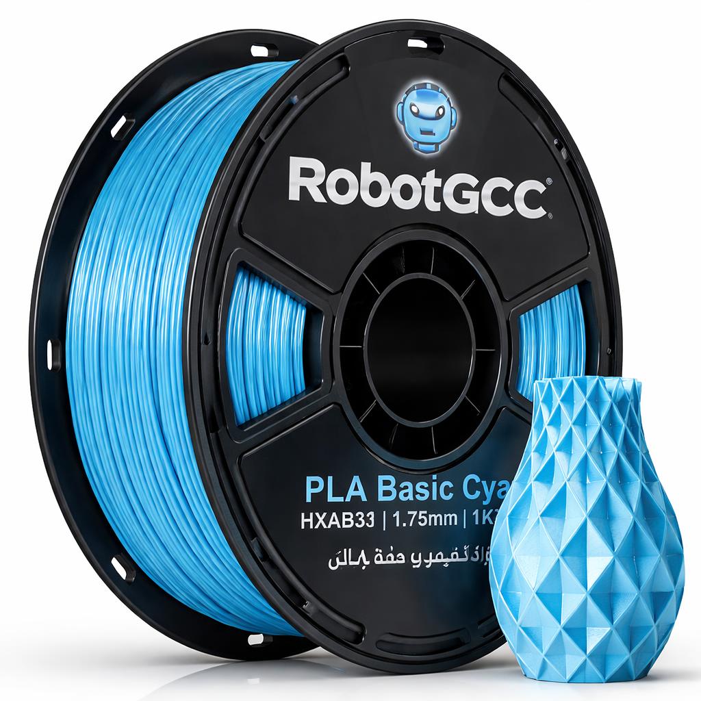 Spool of blue 3D printing filament with 'RobotGCC' branding and a printed blue vase.