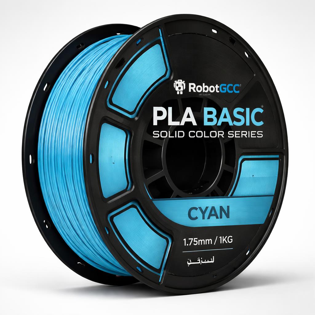 Spool of cyan 3D printing filament with RobotGCC branding on a white background