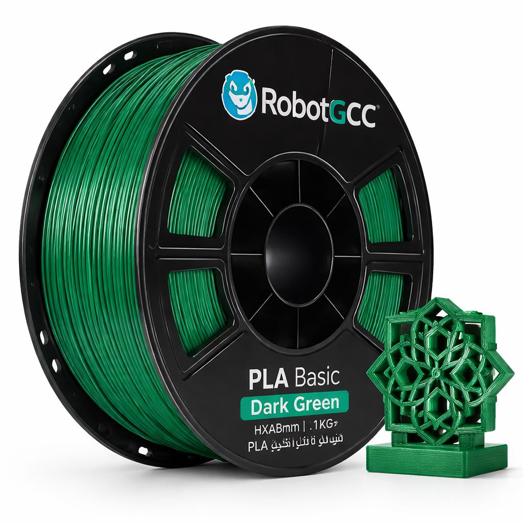 Spool of dark green 3D printing filament with RobotGCC branding and a small green 3D printed object.