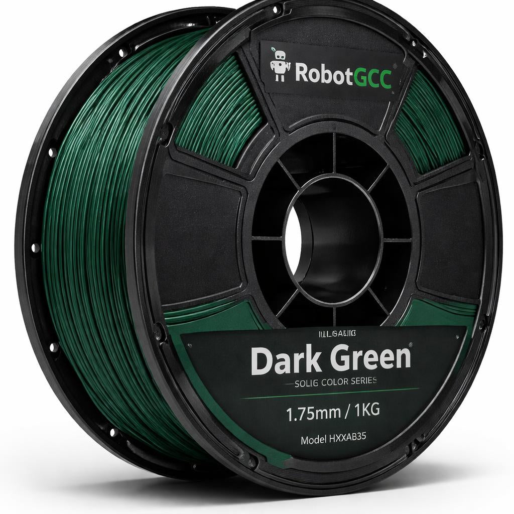 Spool of dark green 3D printing filament with RobotGCC branding on a white background