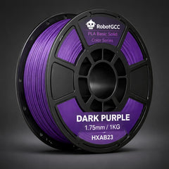 Spool of dark purple 3D printing filament with RobotGCC branding on a dark background