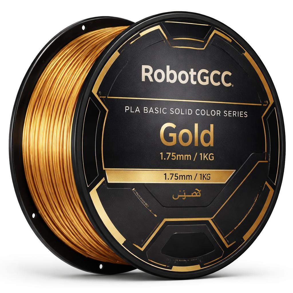 Spool of gold 3D printing filament with RobotGCC branding on a white background