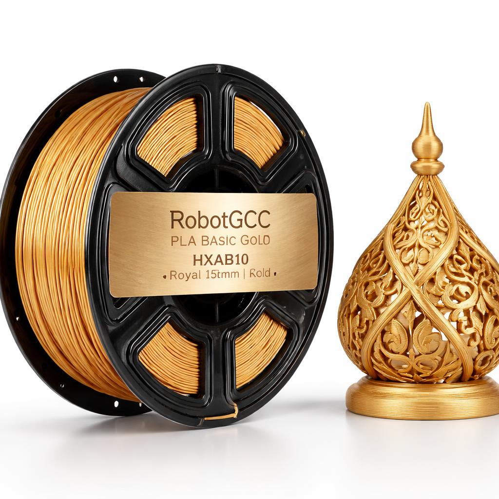 Spool of gold 3D printing filament with a decorative gold object on a white background