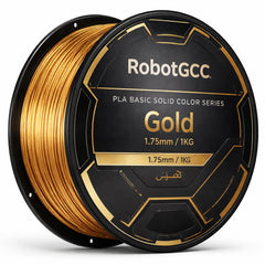 Spool of gold 3D printing filament with RobotGCC branding on a white background
