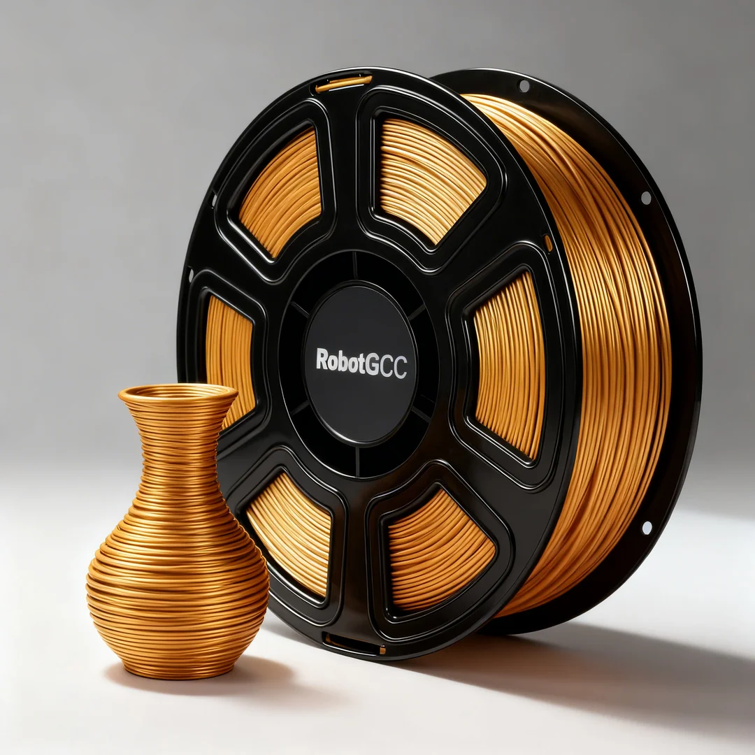 Spool of gold 3D printing filament with a printed vase next to it on a gray background