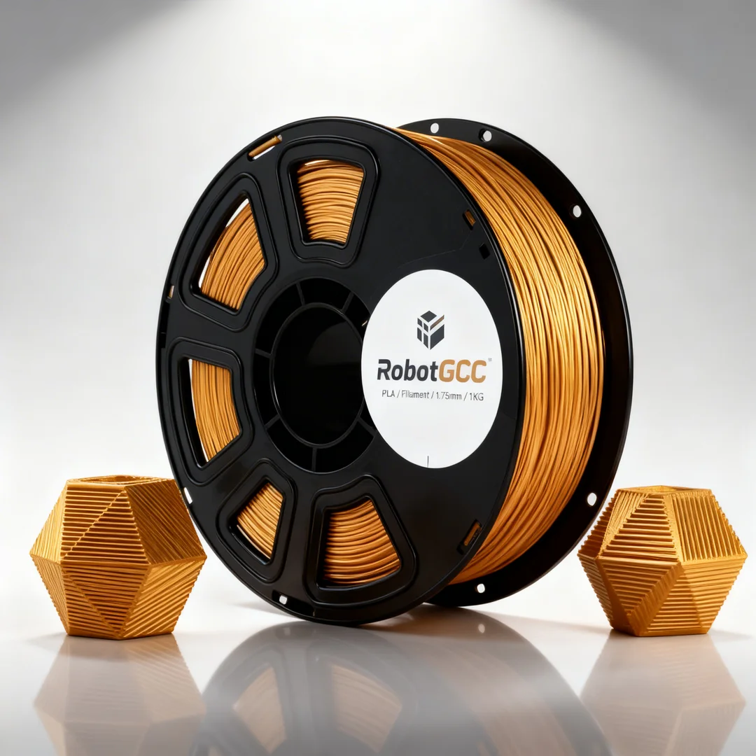 Spool of gold 3D printing filament with RobotGCC label, surrounded by printed geometric shapes.