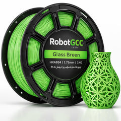 Spool of green 3D printing filament with a printed green vase on a white background, featuring the brand 'RobotGCC'.