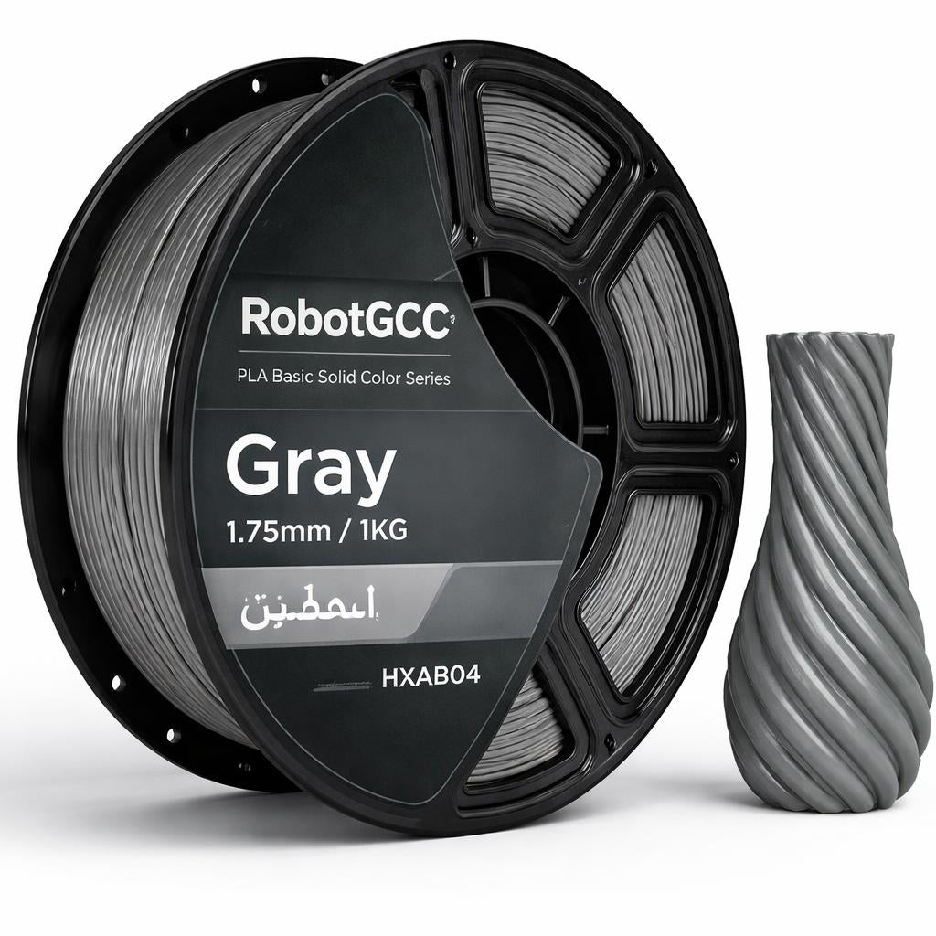 Spool of gray 3D printing filament with a 3D printed object on a white background, featuring RobotGCC branding.