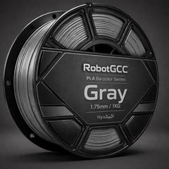 Spool of gray 3D printing filament with RobotGCC branding on a dark background