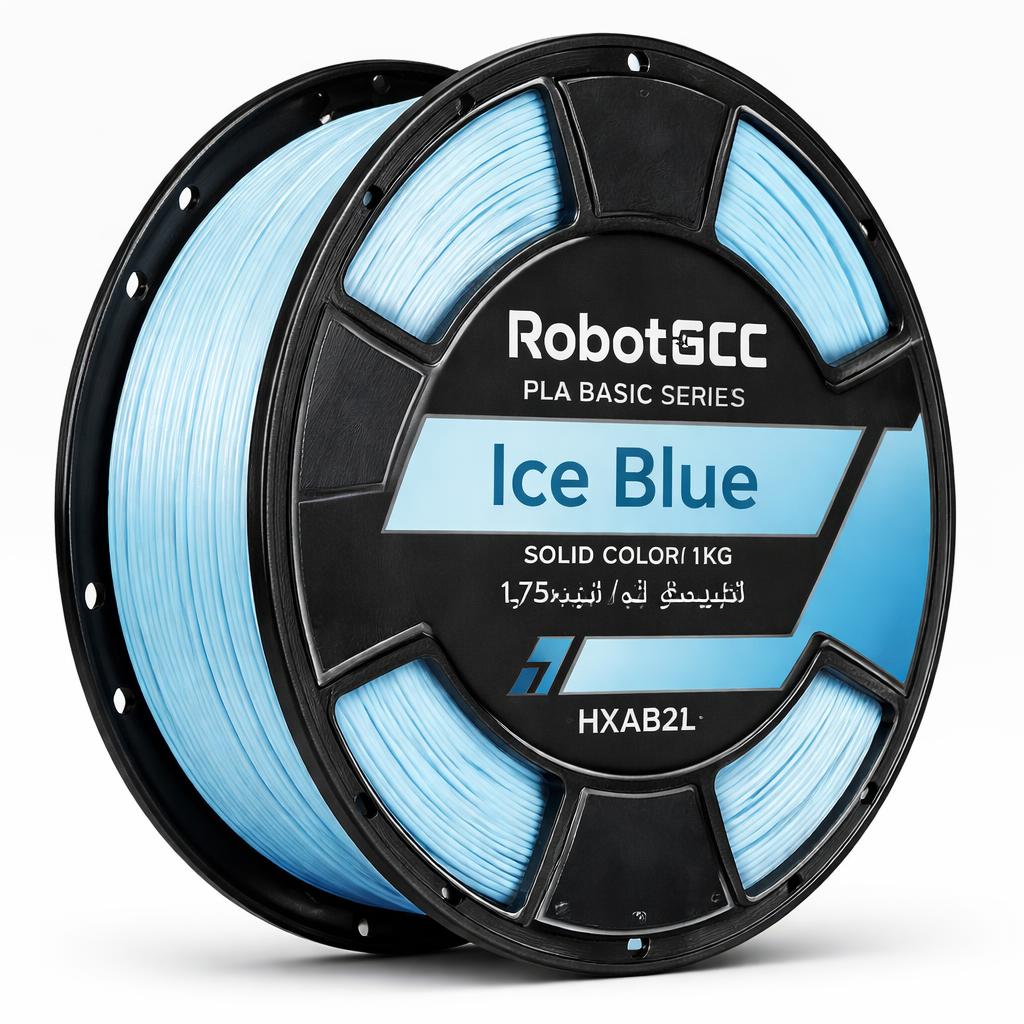 Spool of ice blue 3D printing filament with RobotGCC branding on a white background