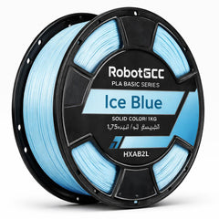 Spool of ice blue 3D printing filament with RobotGCC branding on a white background