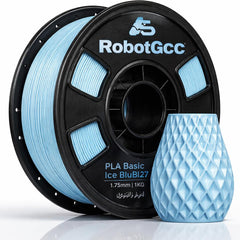 Spool of RobotGcc 3D printing filament and a blue 3D printed vase on a white background