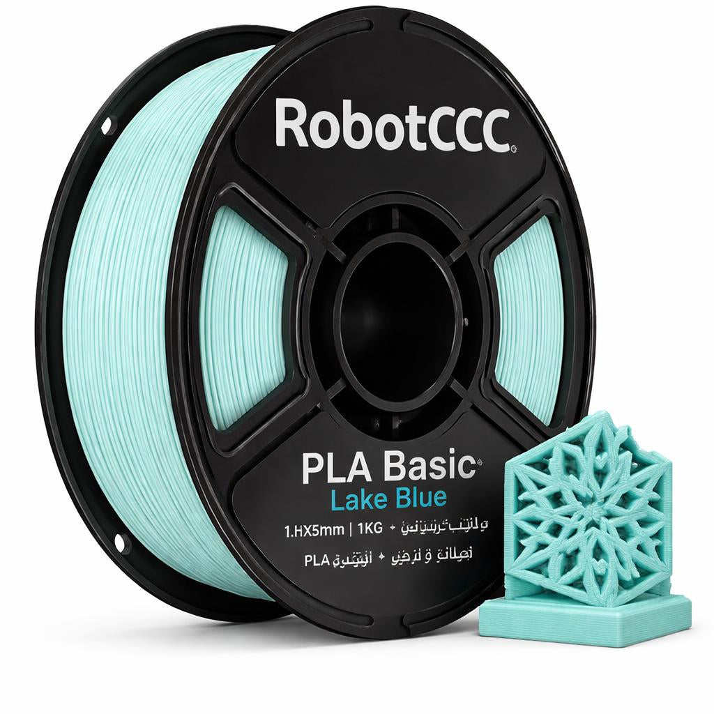 Spool of RobotCCC PLA Basic Lake Blue 3D printing filament with a printed object on a white background