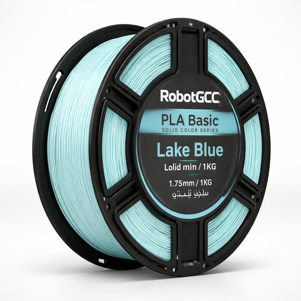 Spool of RobotGCC PLA Basic filament in lake blue color on a white background