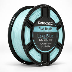 Spool of RobotGCC PLA Basic filament in lake blue color on a white background
