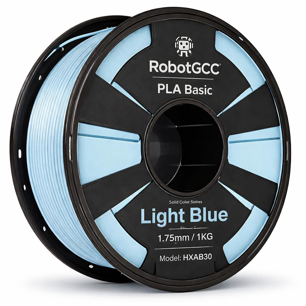 Spool of RobotGCC PLA Basic filament in lake blue color on a white background