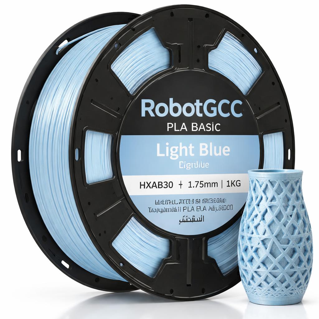 Spool of RobotGCC PLA Basic light blue filament with a 3D printed vase on a white background